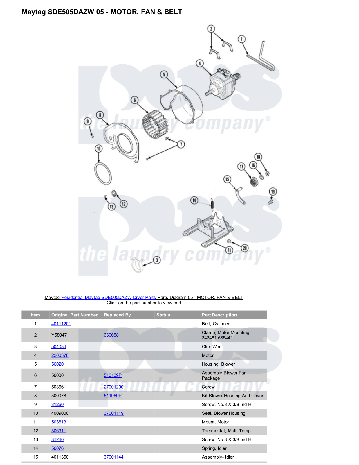 Maytag SDE505DAZW Parts Diagram