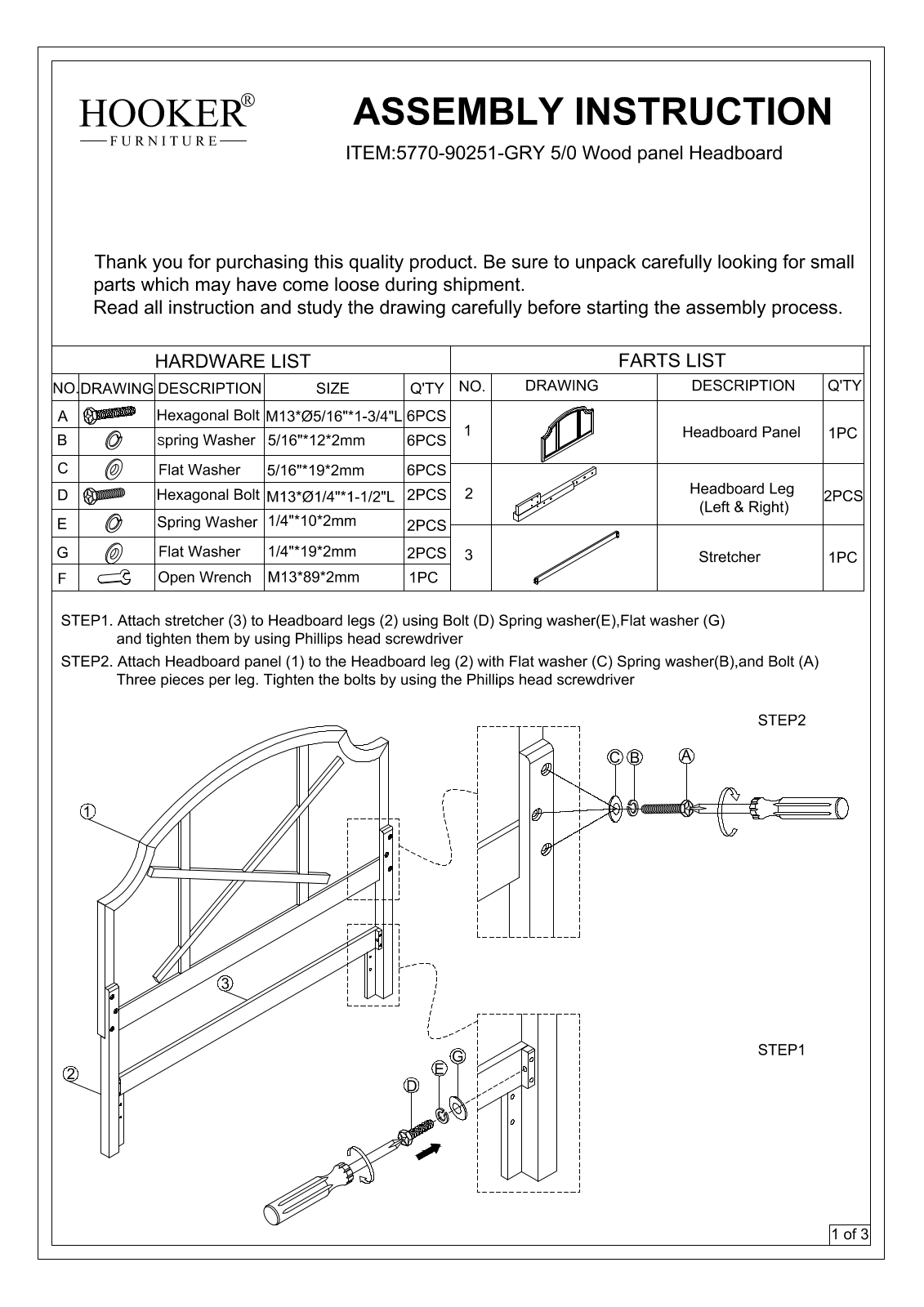 Hooker Furniture 577090250GRY Assembly Guide