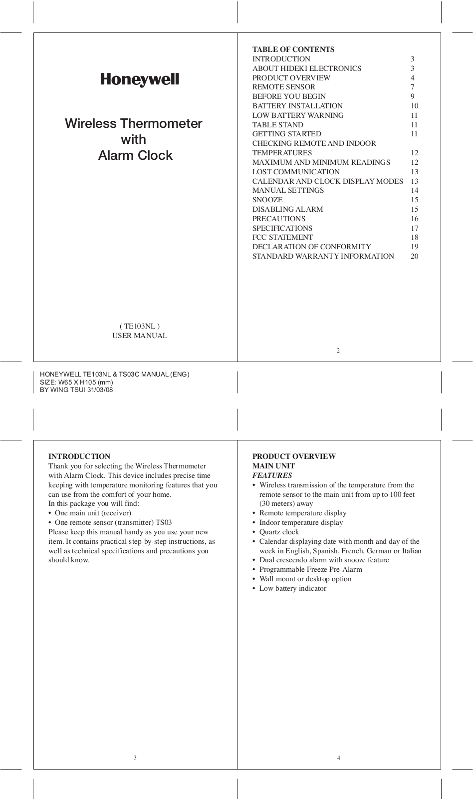 Honeywell TE103NL User Manual