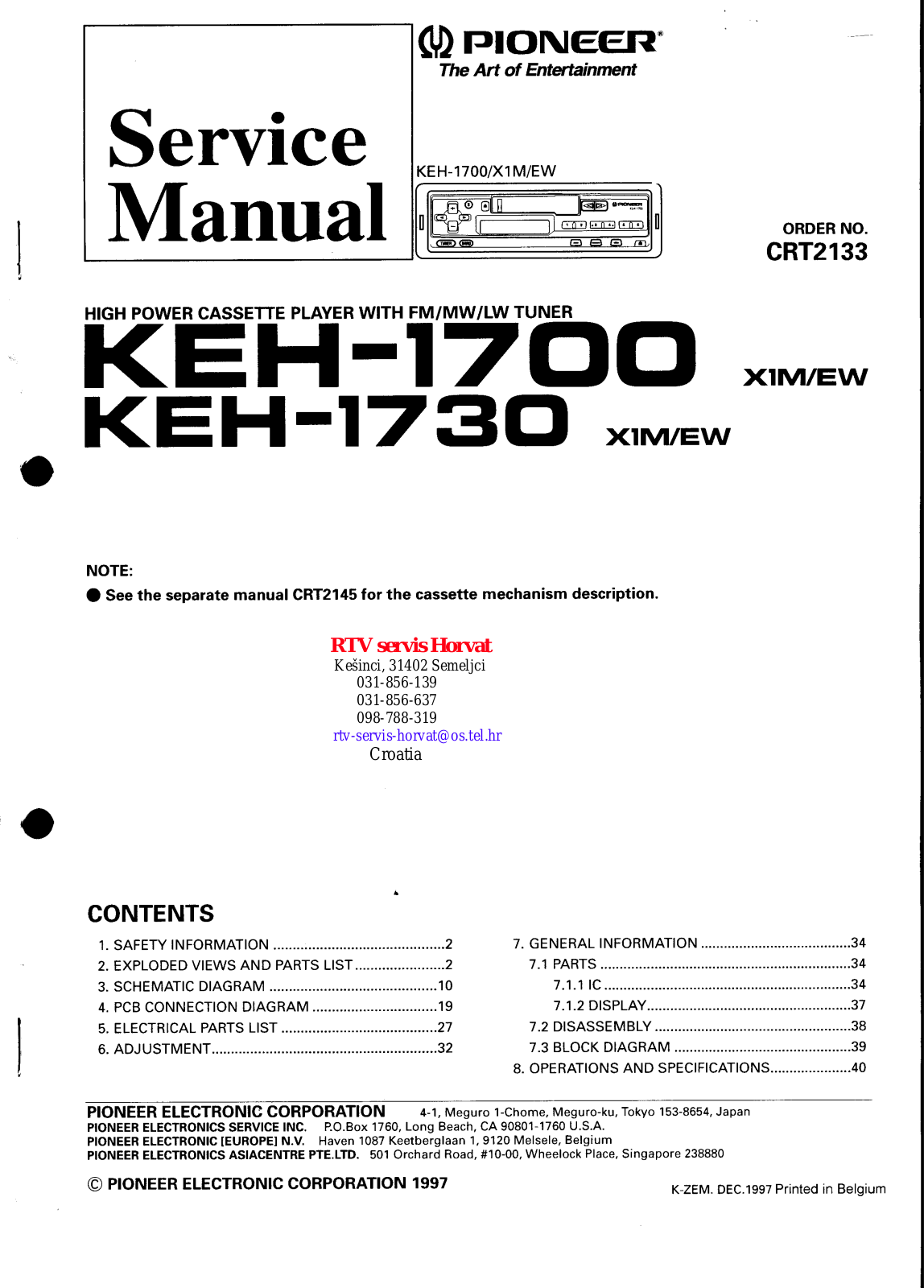 PIONEER KEH-1700, KEH-1730 Service Manual