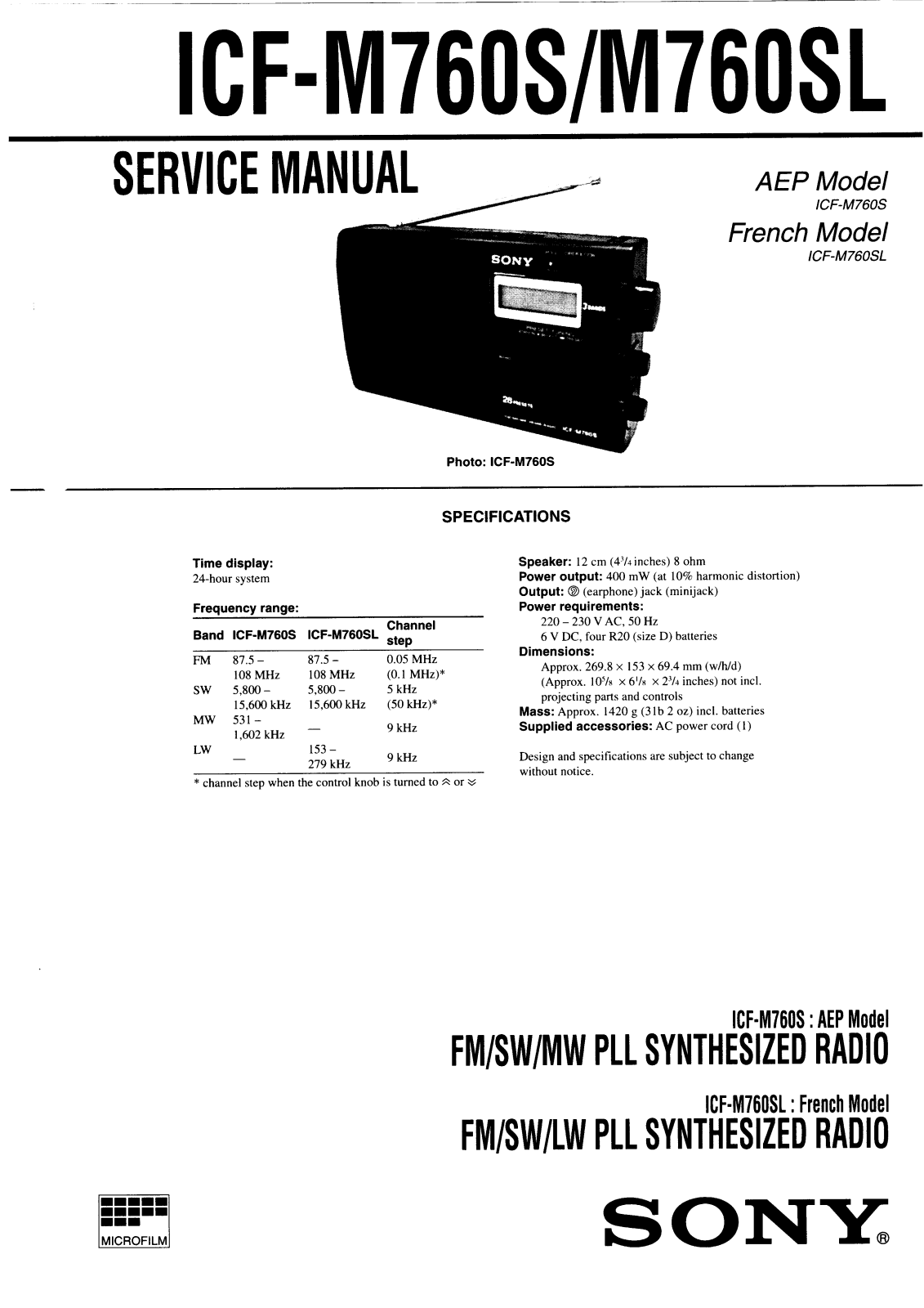 Sony ICFM-760-S, ICFM-760-SL Service manual