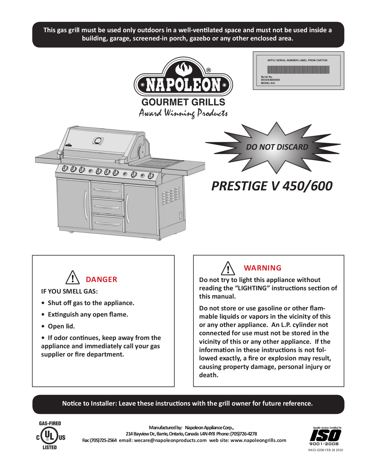 Napoleon Pf450, Pf600 Installation Guide