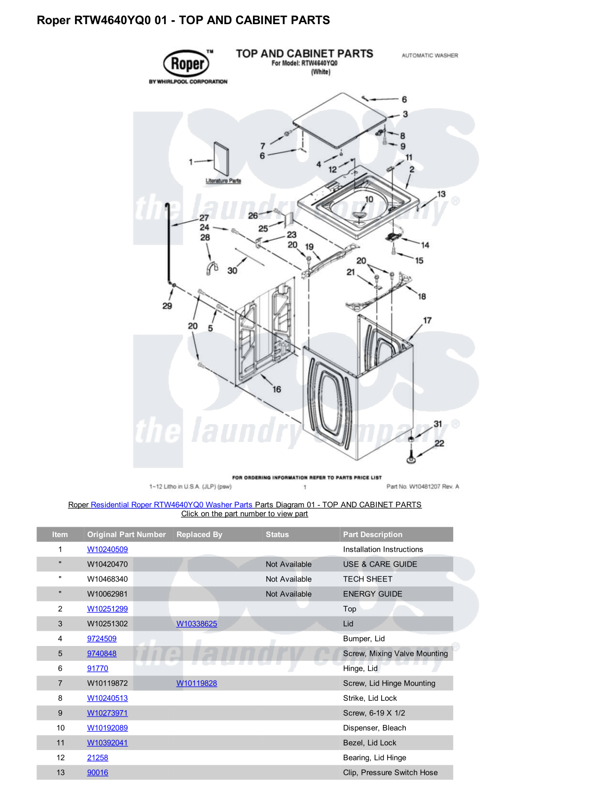 Roper RTW4640YQ0 Parts Diagram