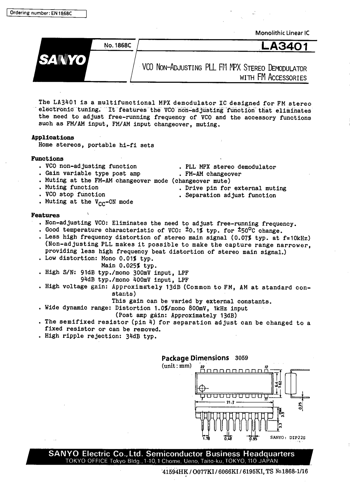 SANYO LA3401 Datasheet