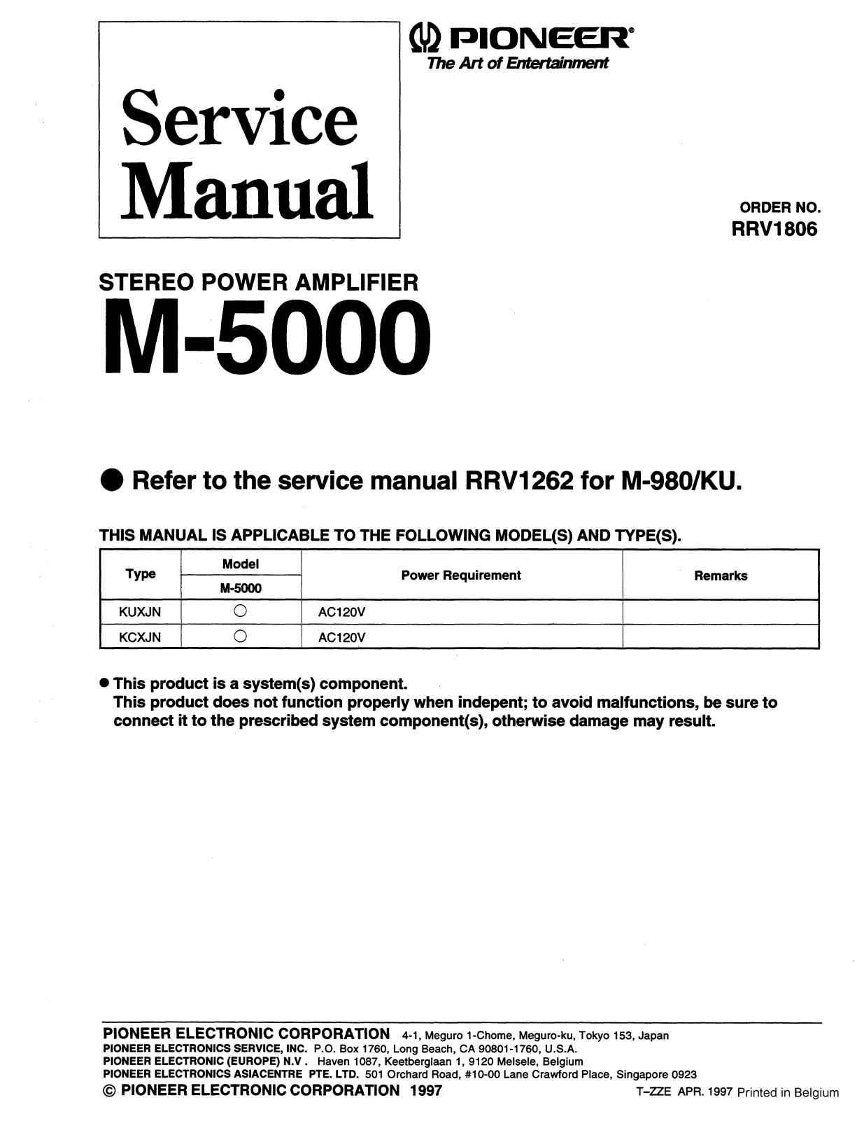 Pioneer M-5000, M-980 Service manual