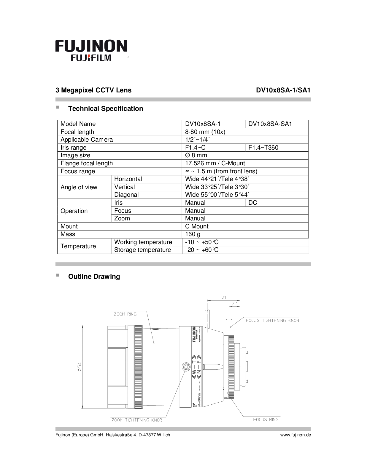 Fujinon DV10x8SA-SA1 Specsheet