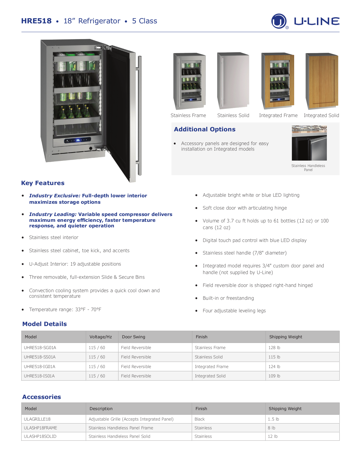 U-Line UHRE518-SG01A, UHRE518-SS01A, UHRE518-IG01A Specifications