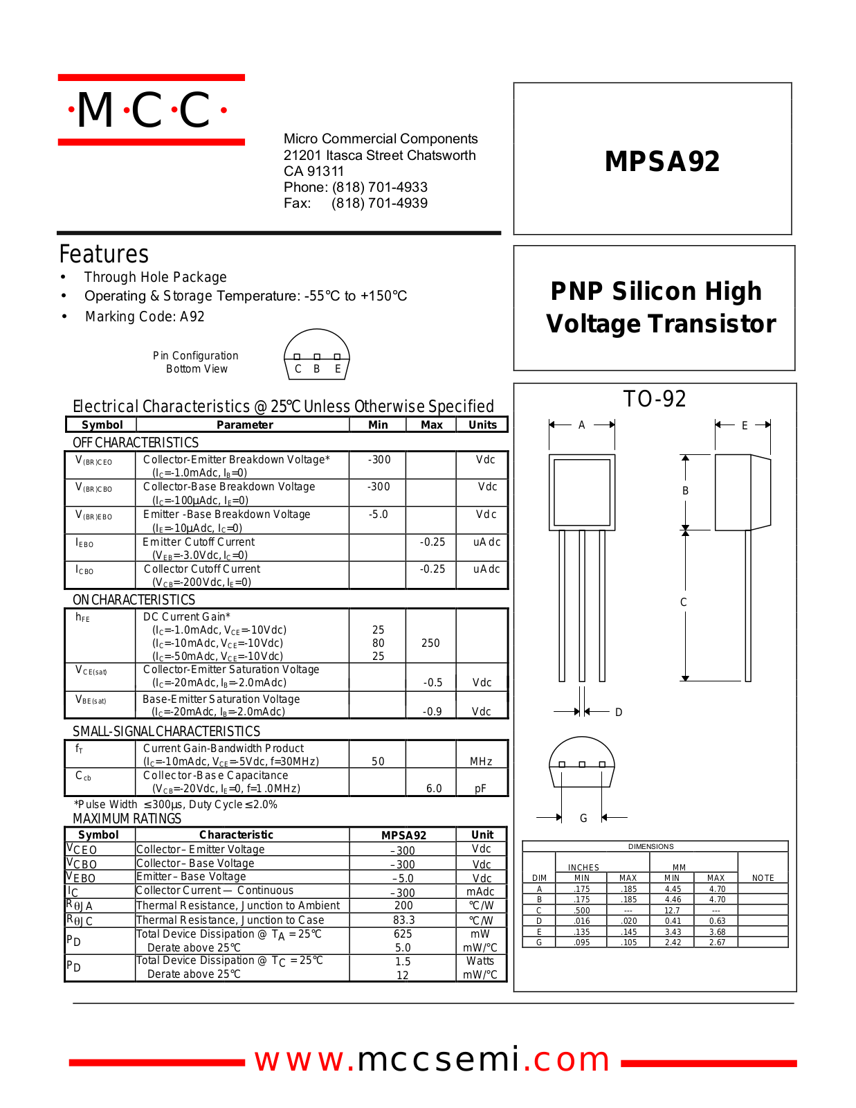 MCC MPSA92 Datasheet