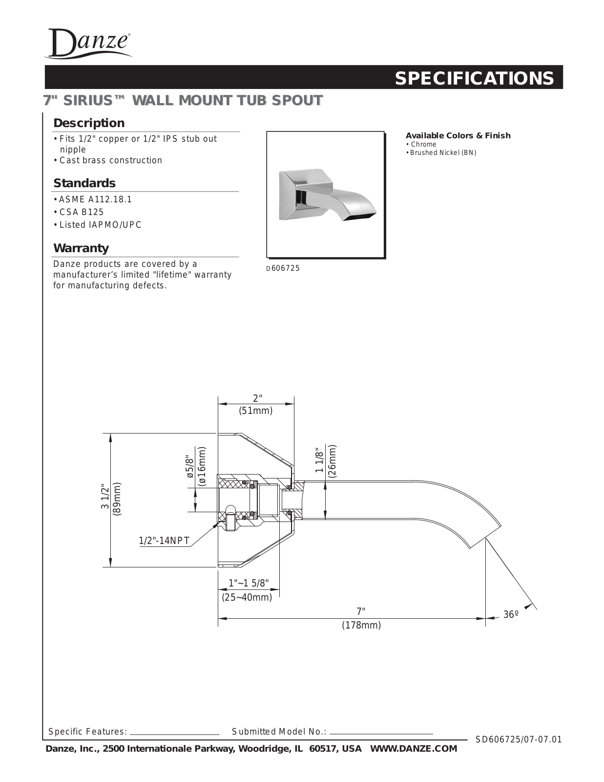 Danze D606725 Spec Sheets