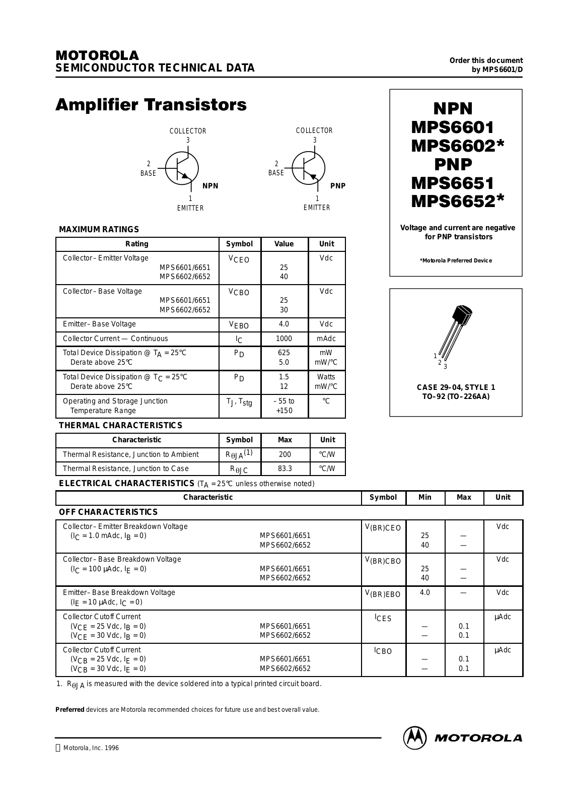 MOTOROLA MPS6652RLRA, MPS6602, MPS6602RLRA, MPS6601RLRA, MPS6652RLRB Datasheet