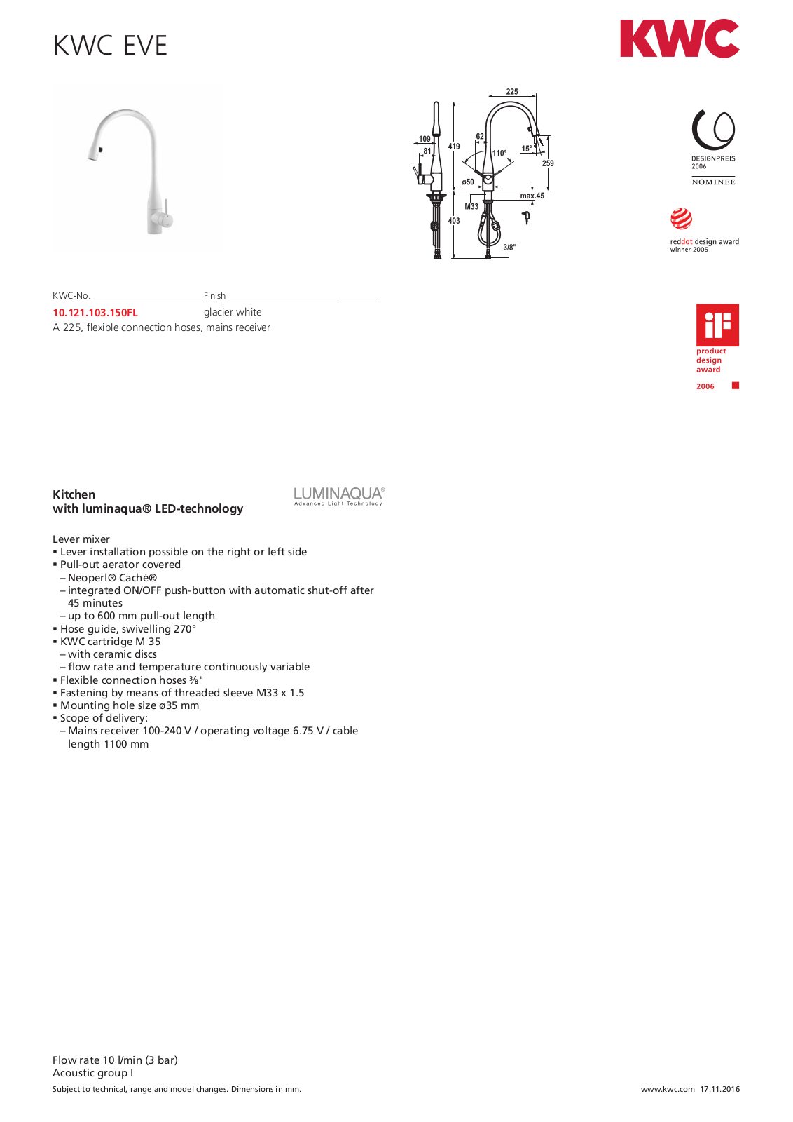 KWC 10121103150 Specifications Sheet