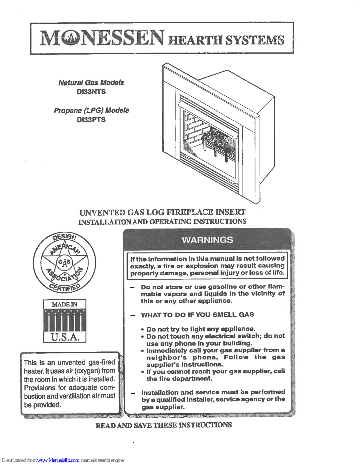 Monessen Hearth DI33NTS, DI33PTS Installation And Operating Instructions Manual