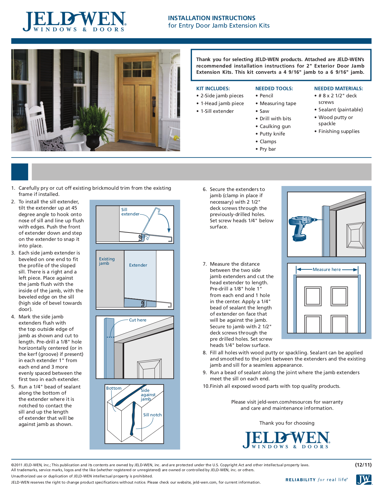 JELD-WEN Entry Door Jamb Extension Kits User Manual