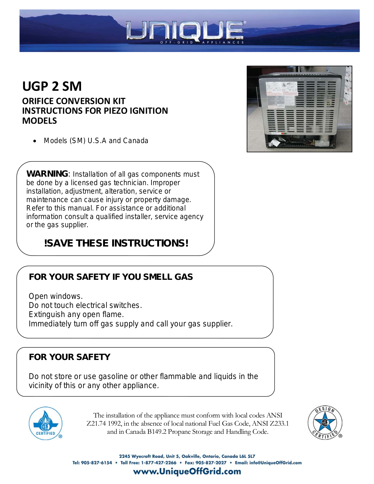 Unique Appliances UGP2SM INSTALLATION INSTRUCTIONS AND OPERATION MANUAL