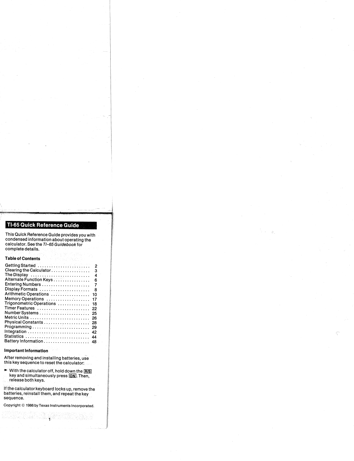 Texas Instruments TI-65 Quick Reference Manual