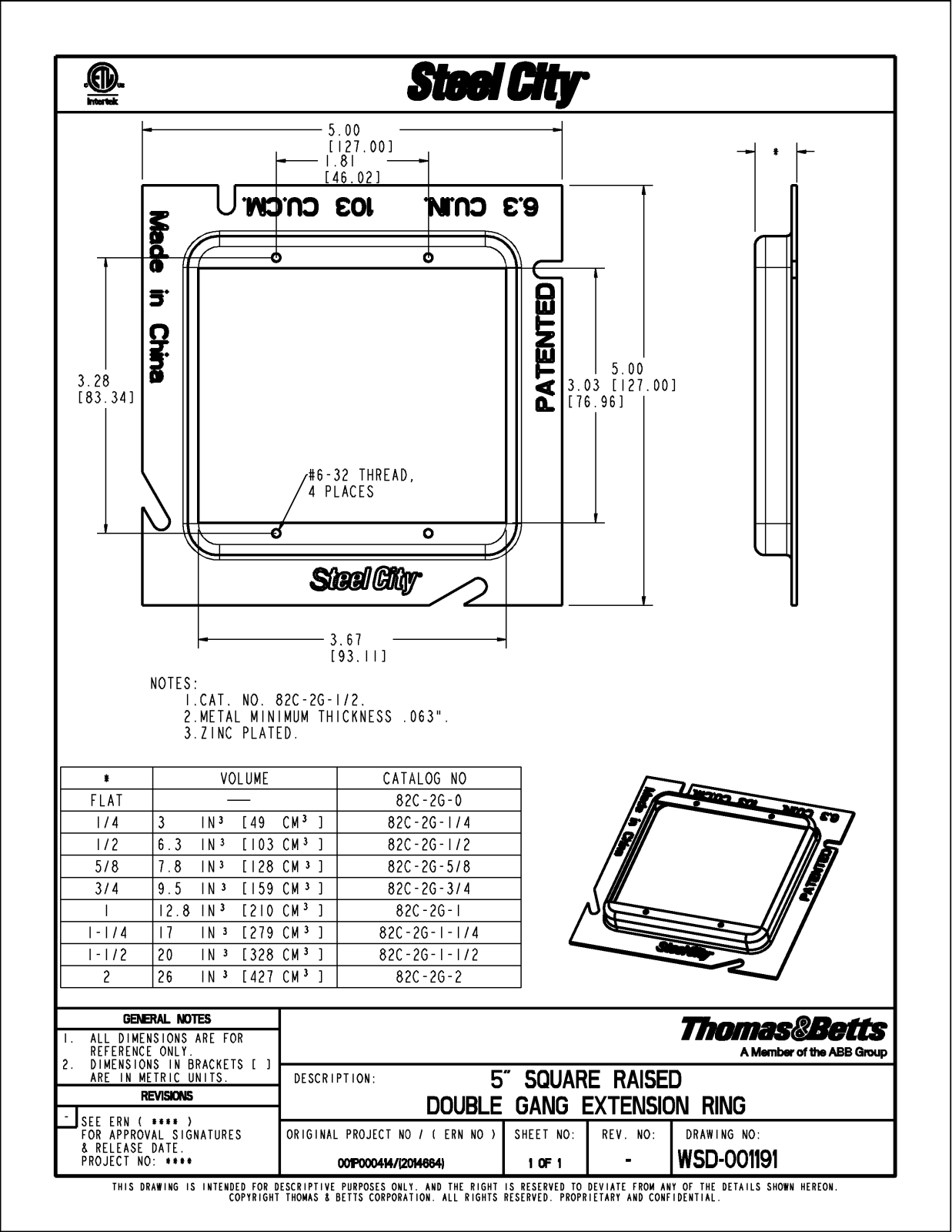 Thomas & Betts 82C-2G Reference Drawing