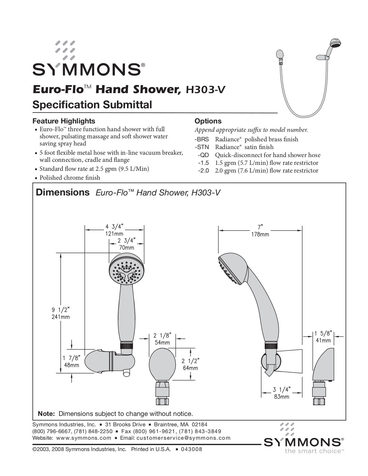 Symmons H303-V User Manual