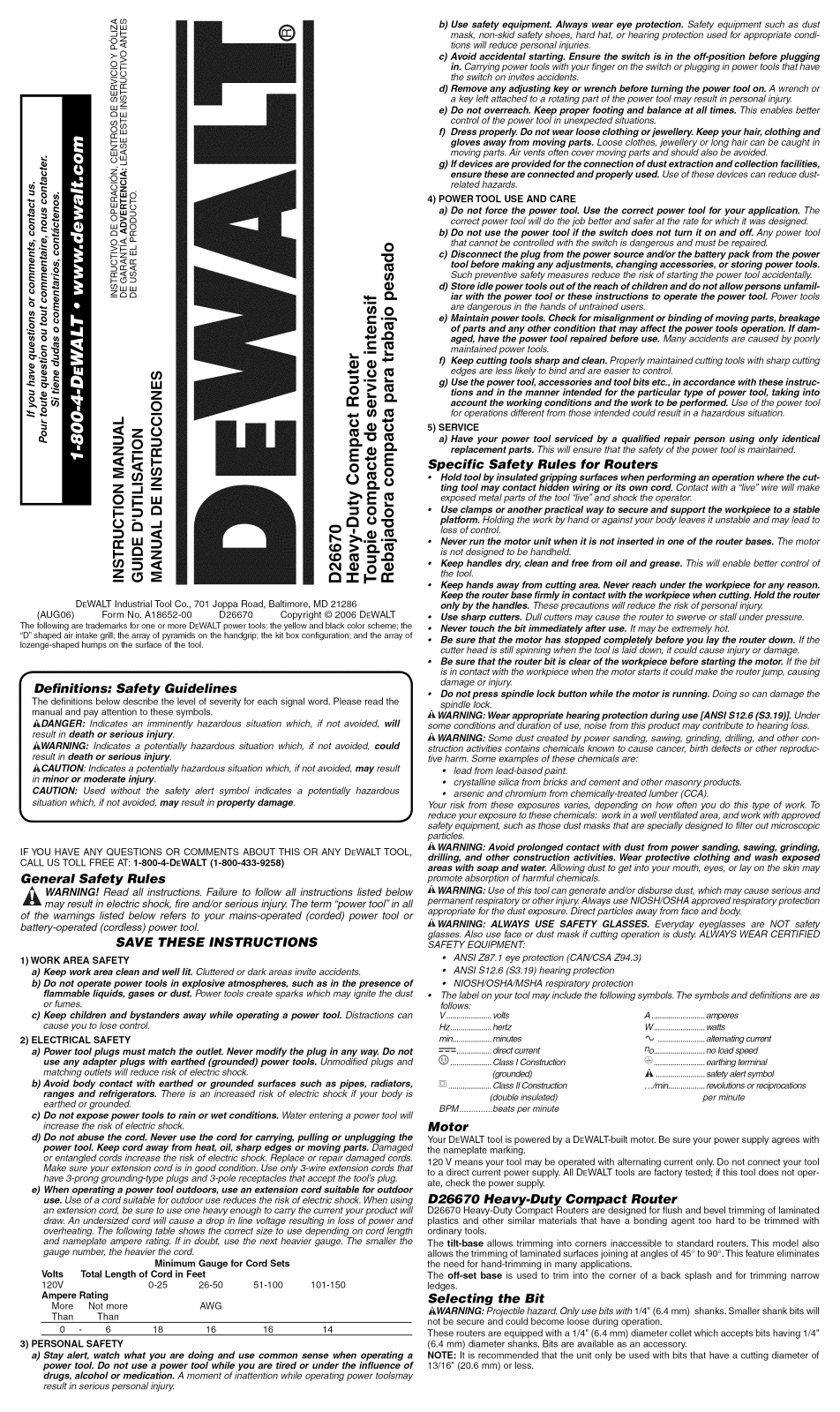 DeWalt D26670 TYPE 1 Owner’s Manual