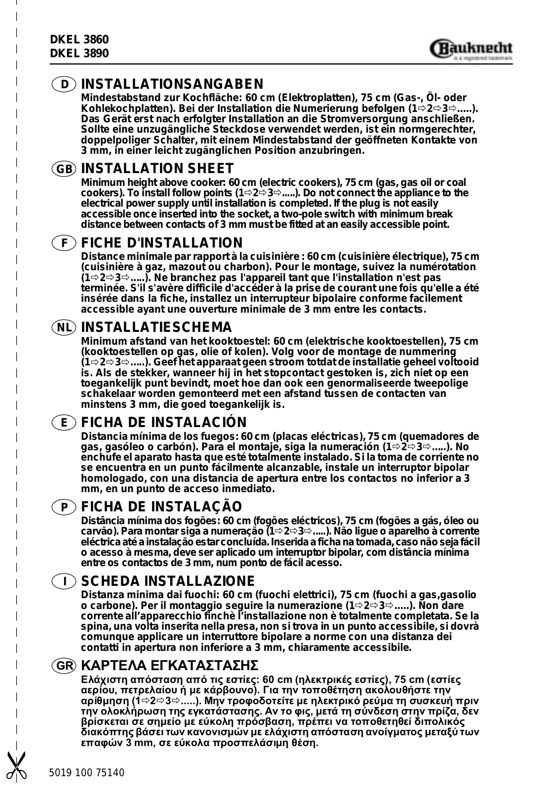 Whirlpool DKEL 3890 INSTALLATION SHEET