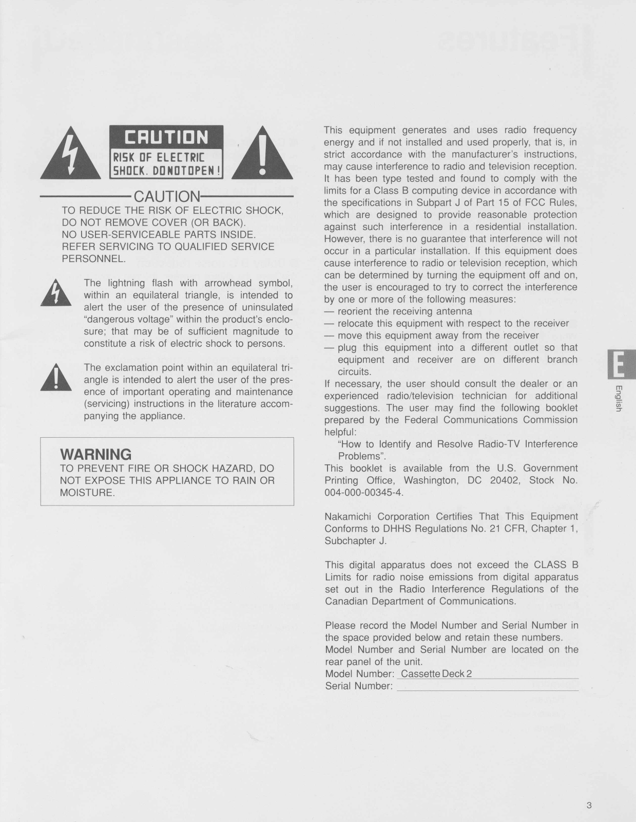 Nakamichi Cassette Deck 2 Owners manual