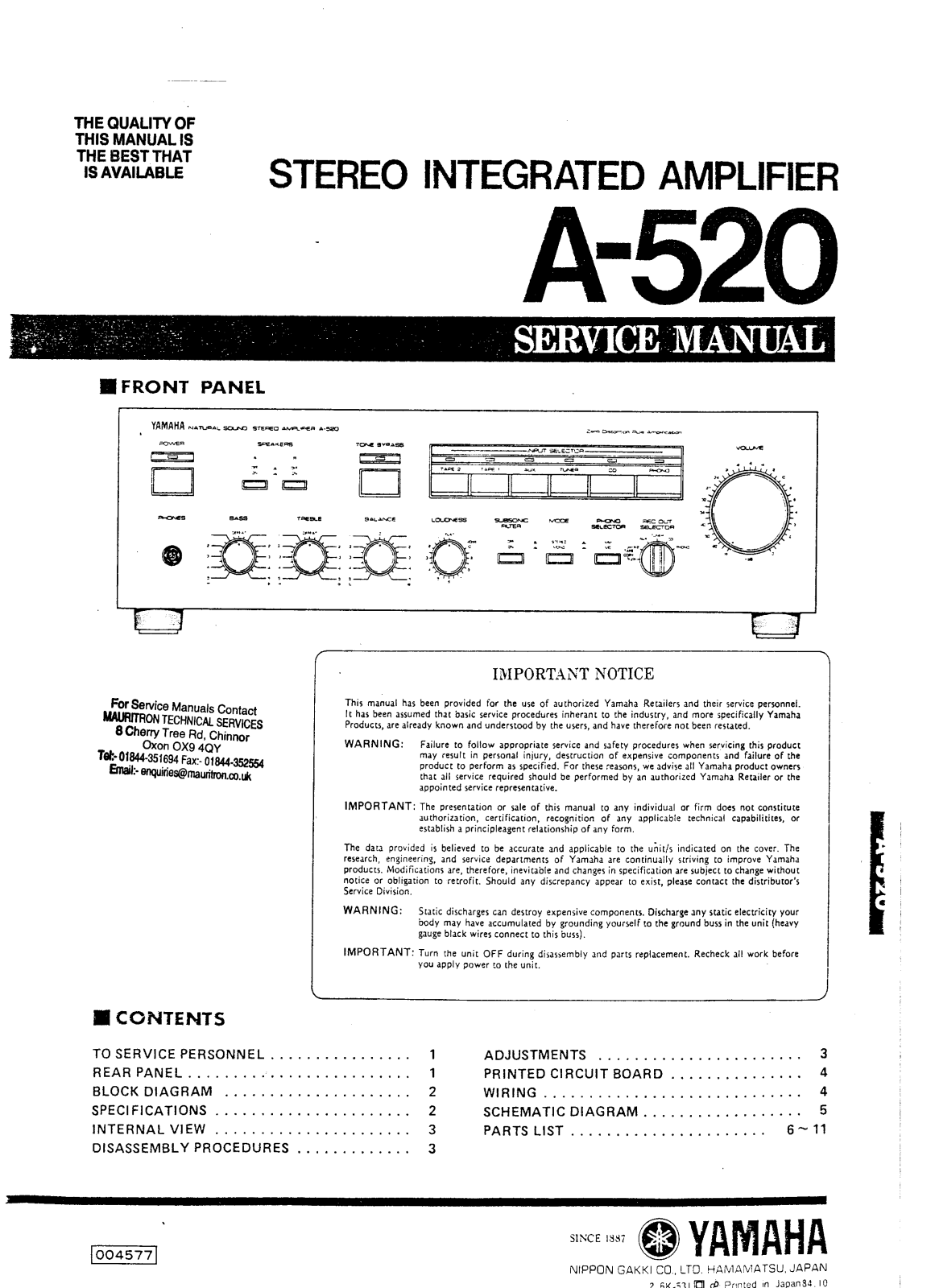 Yamaha A-520, A-520 Service manual
