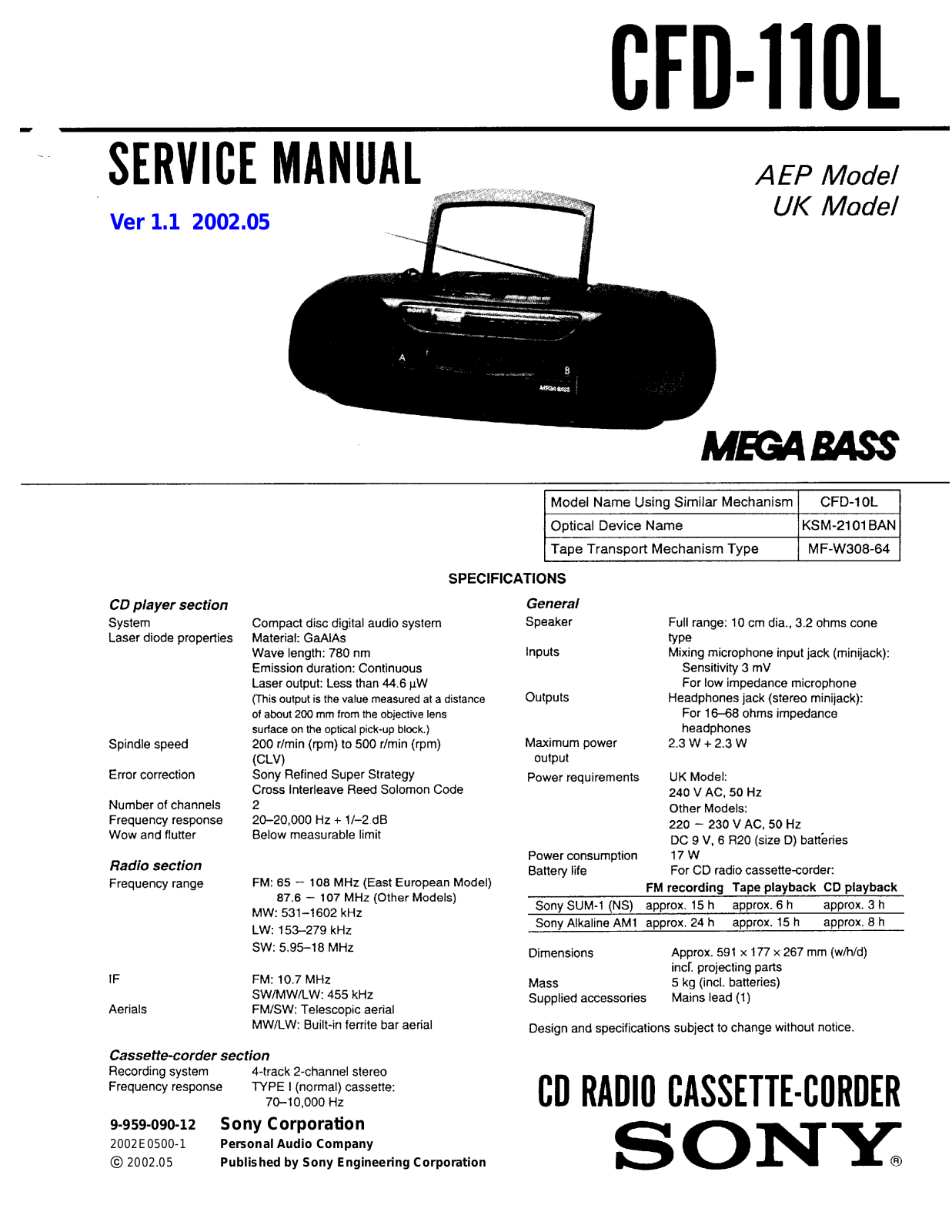 Sony CFD-110-L Service manual