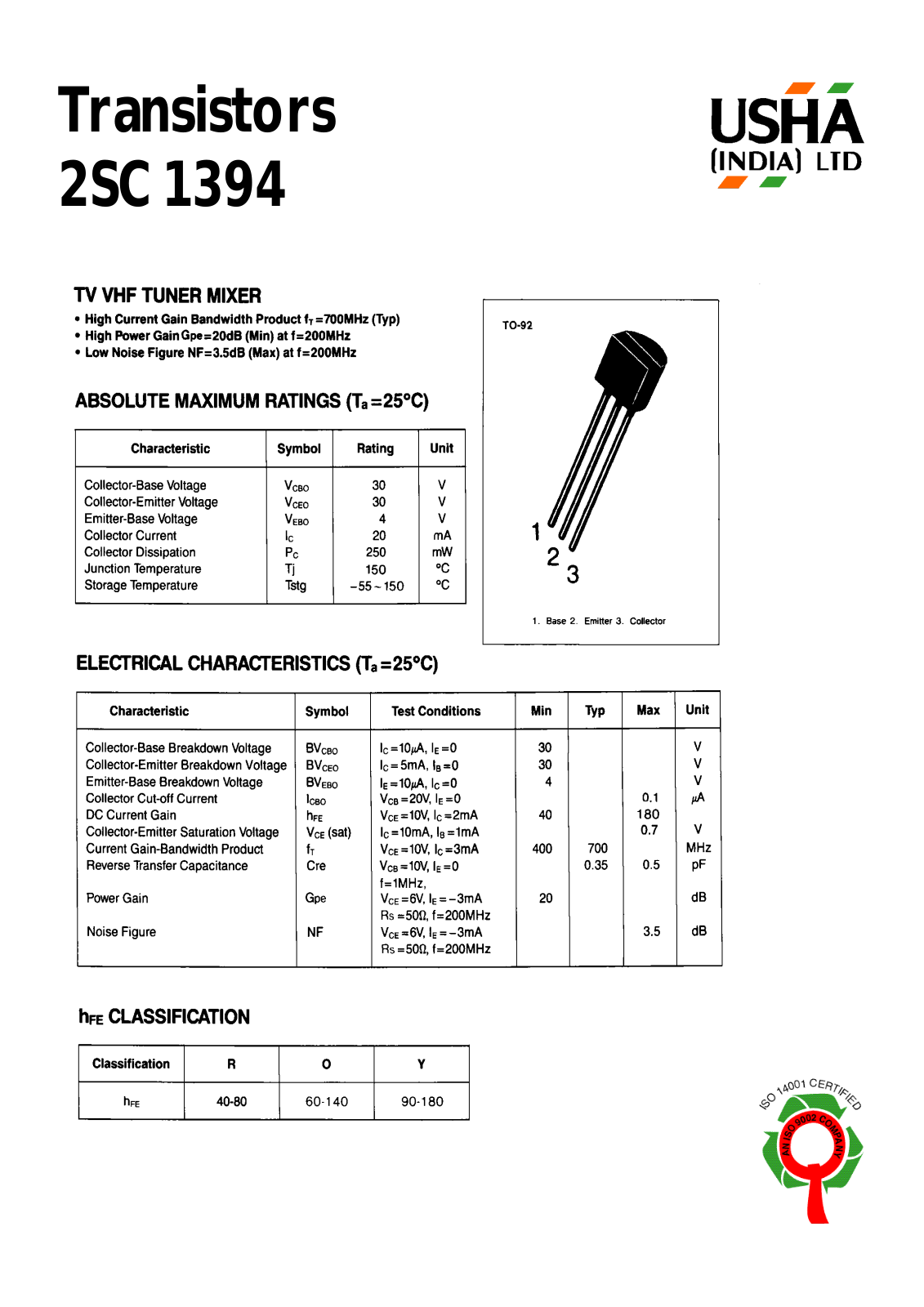 USHA 2SC1394 Datasheet