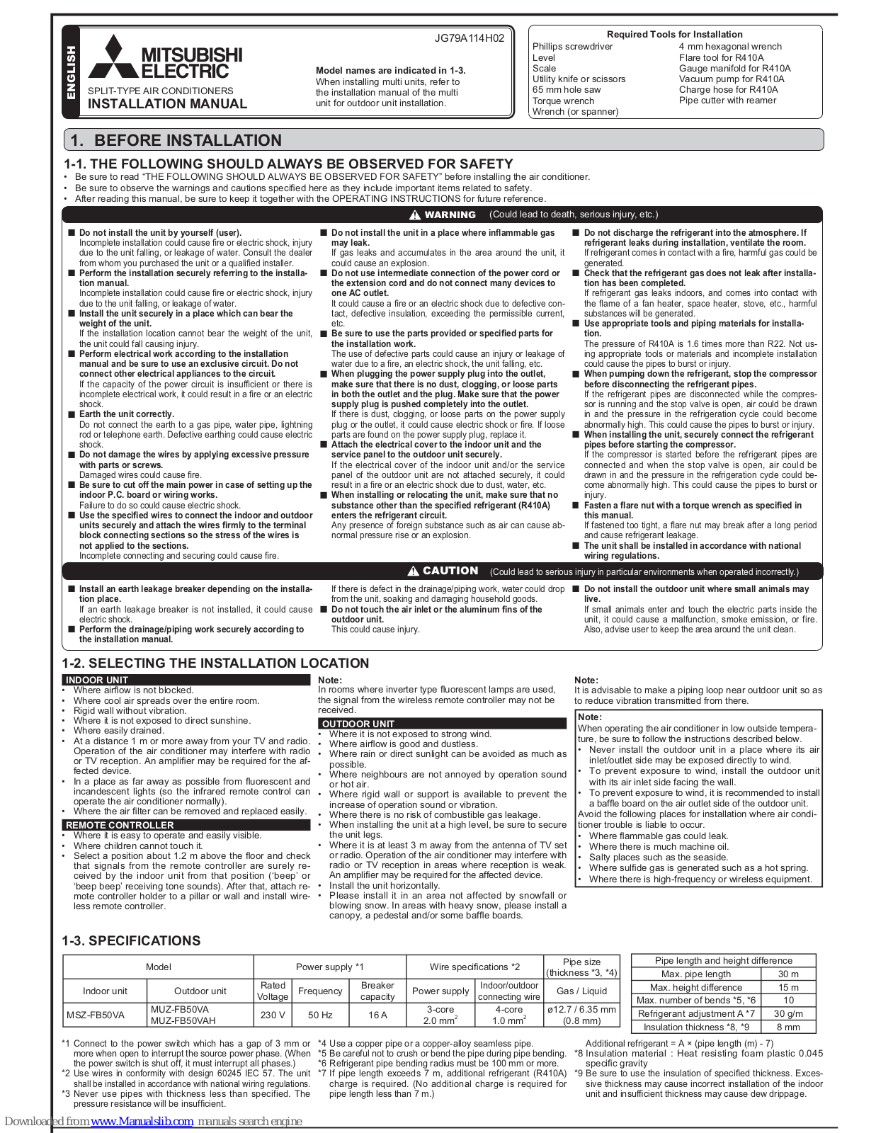 Mitsubishi Electric JG79A114H02 Installation Manual