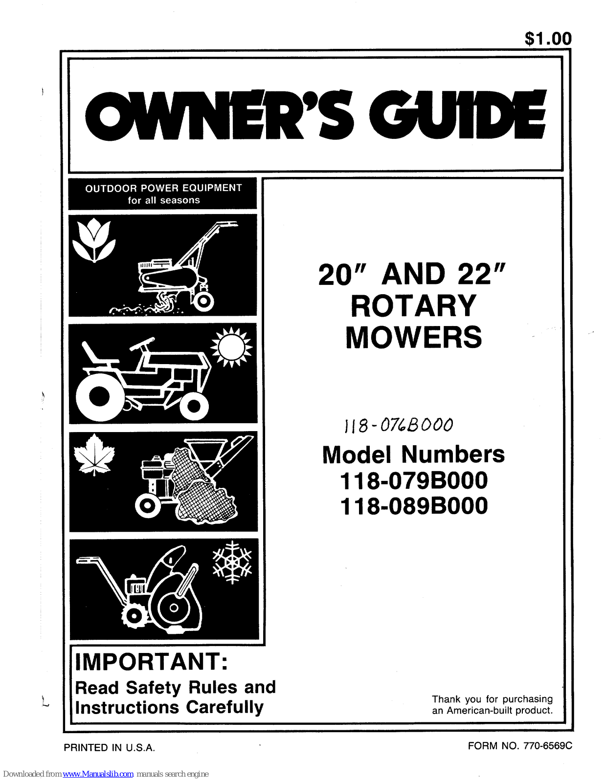 MTD 118-089B000, 118-076B000, 079B, 089B, 076B Owner's Manual