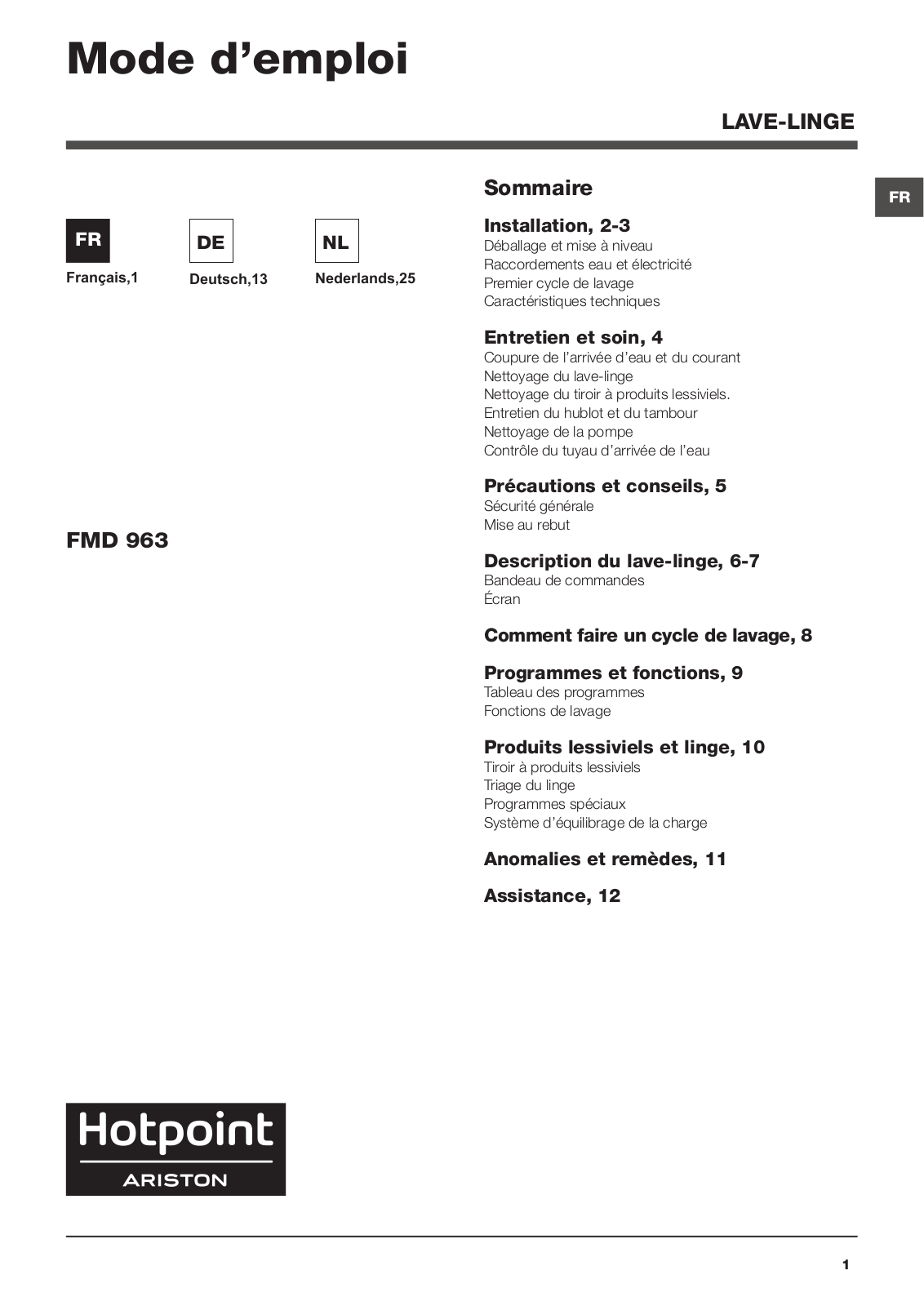 HOTPOINT/ARISTON FMD 963B SK User Manual