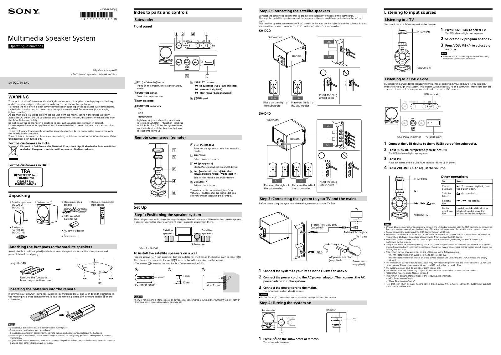 Sony SA-D20, SA-D40 Operating Instructions Manual