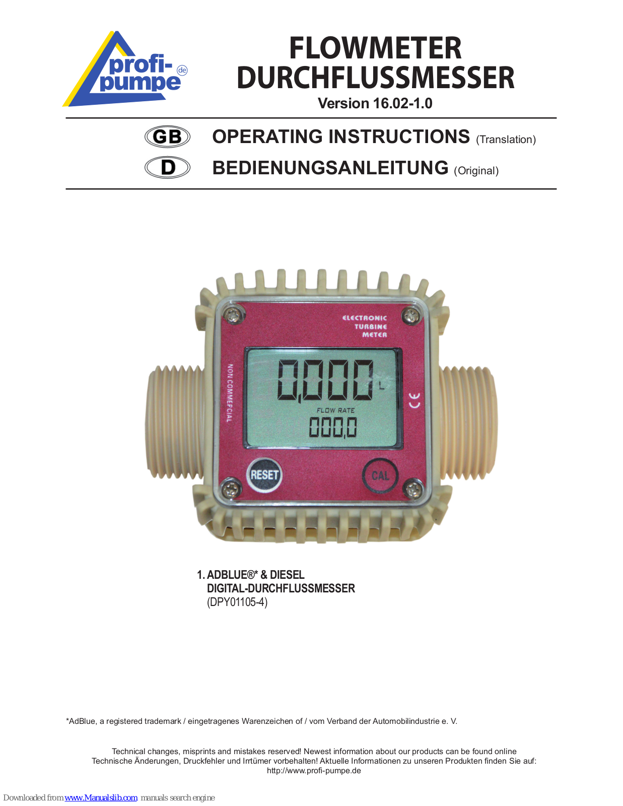 Profi-pumpe DIESEL, ADBLUE Operating Instructions Manual