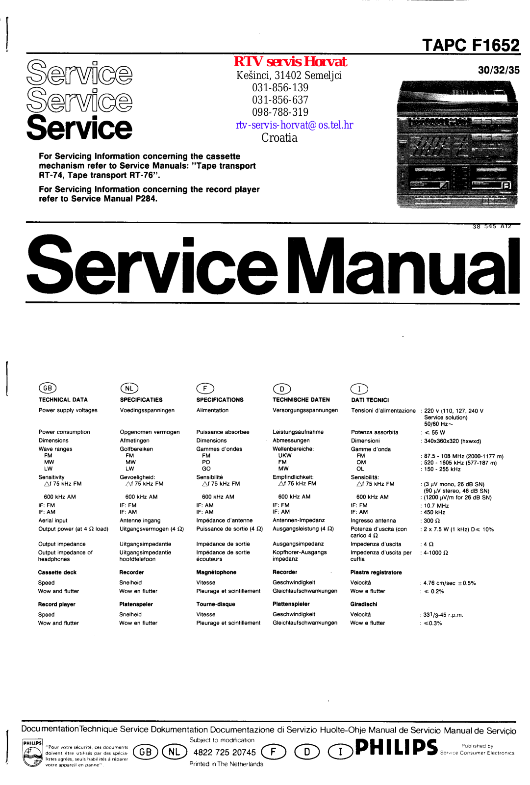 Philips F-1652 Service manual