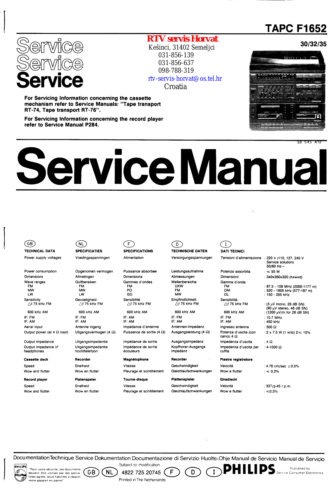 Philips F-1652 Service manual