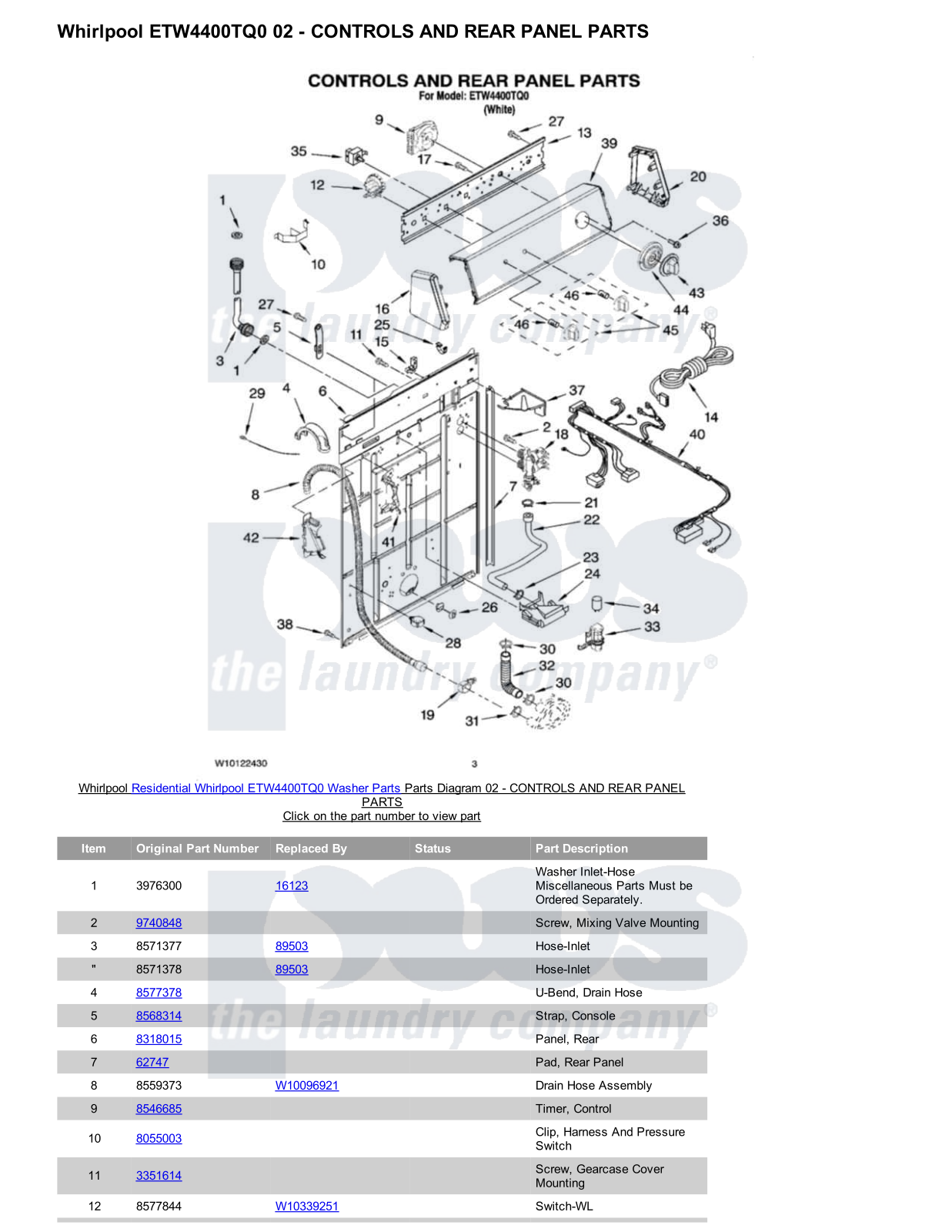 Whirlpool ETW4400TQ0 Parts Diagram