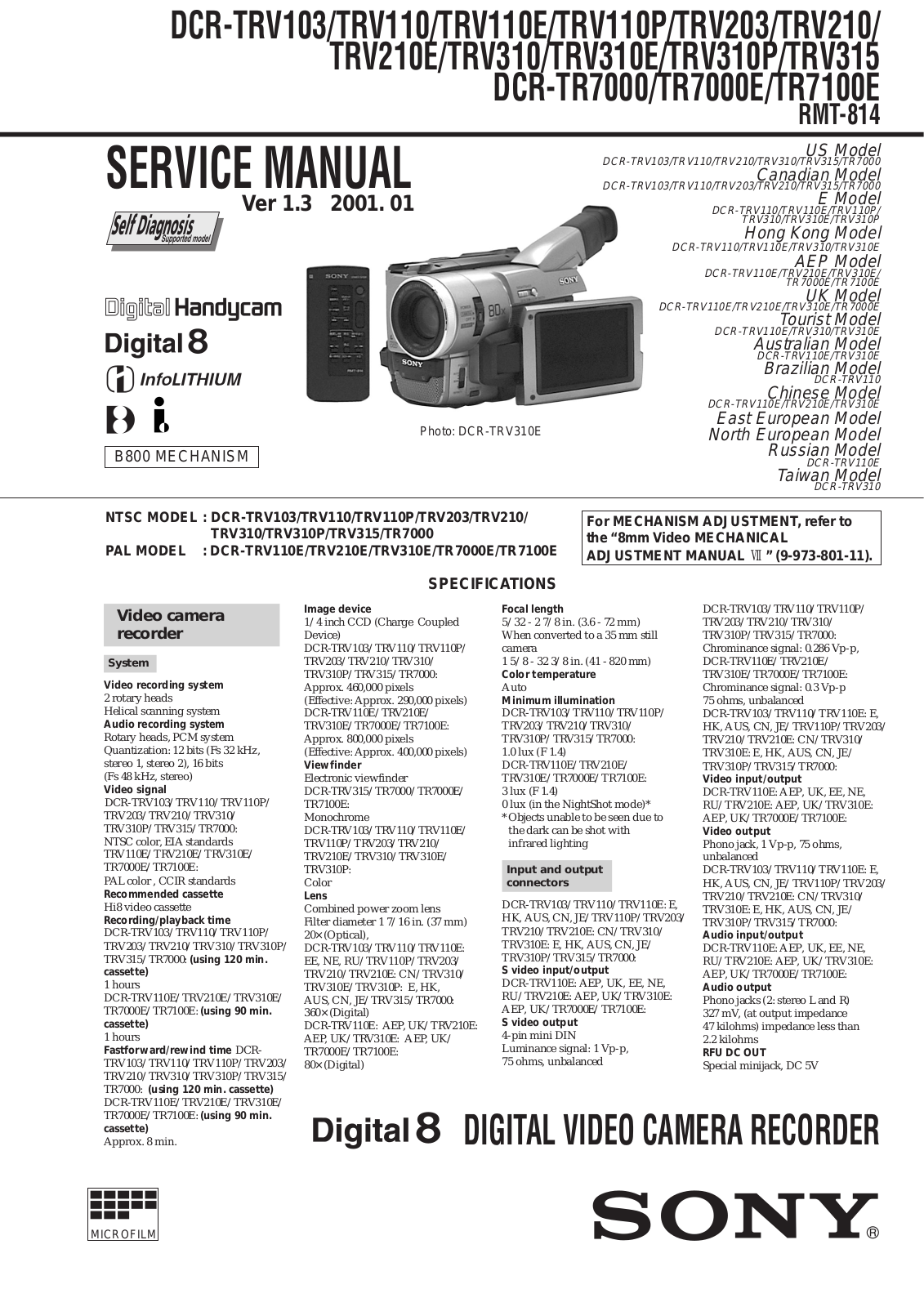 Sony DCR-TRV103, DCR-TRV110, DCR-TRV110E, DCR-TRV110P, DCR-TRV203 Service manual