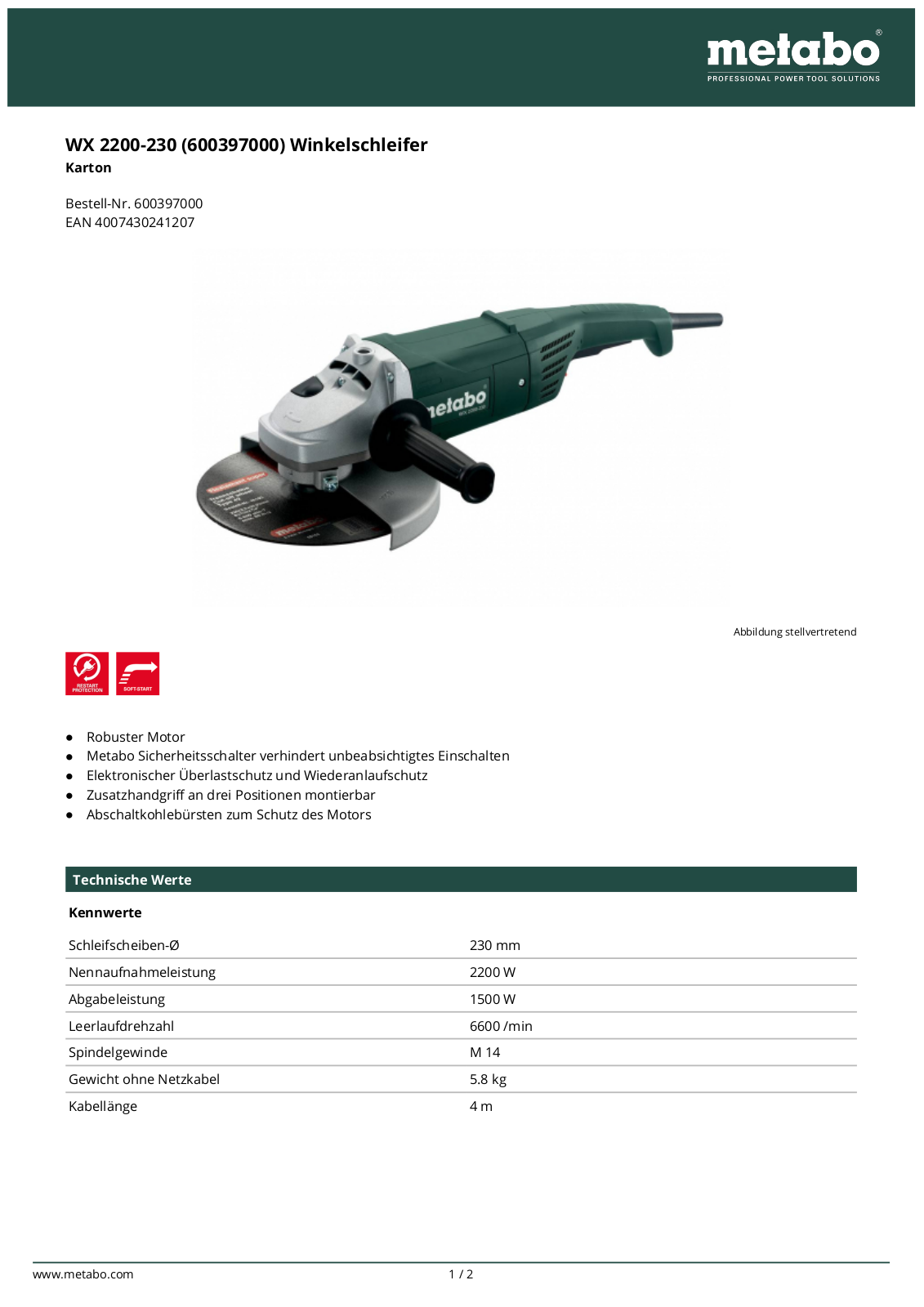 Metabo WX 2200-230 Technical data