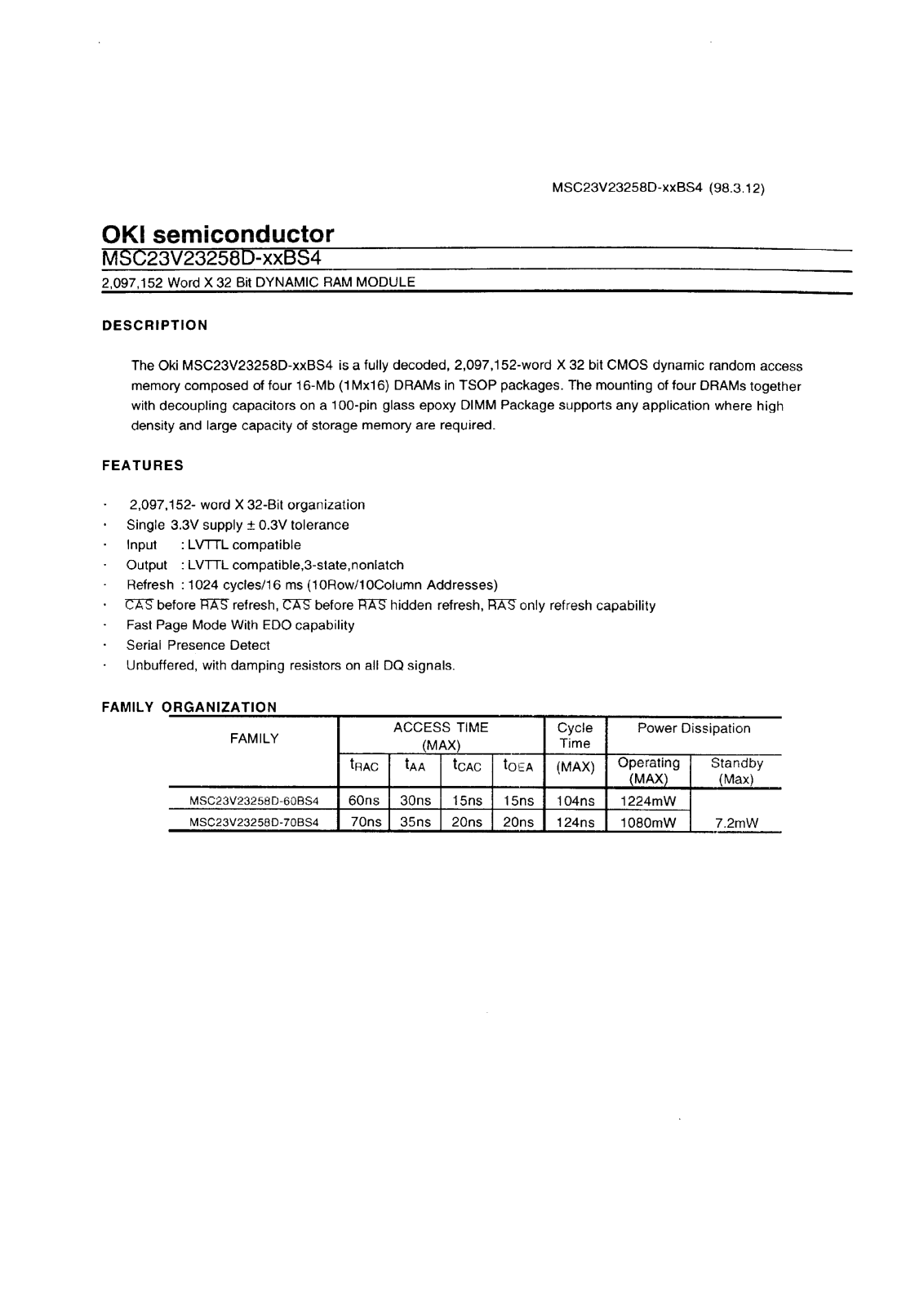 OKI MSC23V23258D-60BS4, MSC23V23258D-70BS4 Datasheet