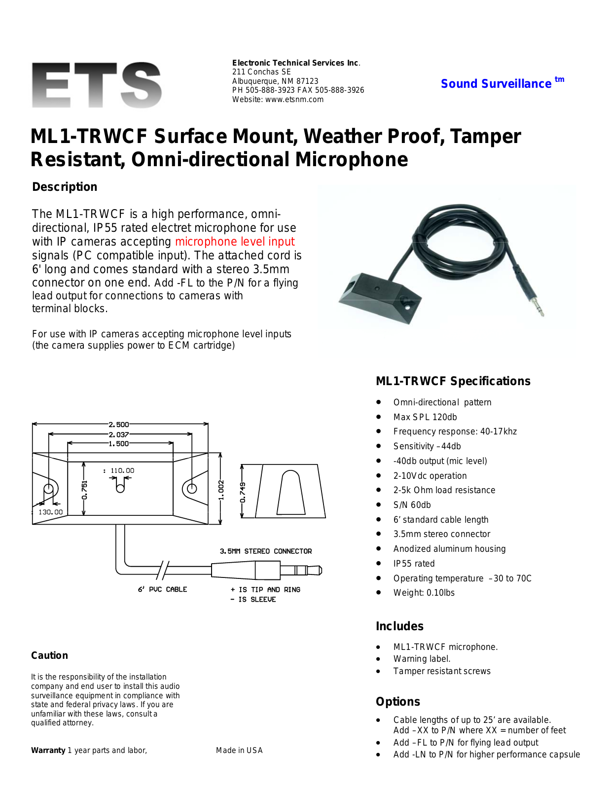 ETS ML1-TRWCF Specsheet