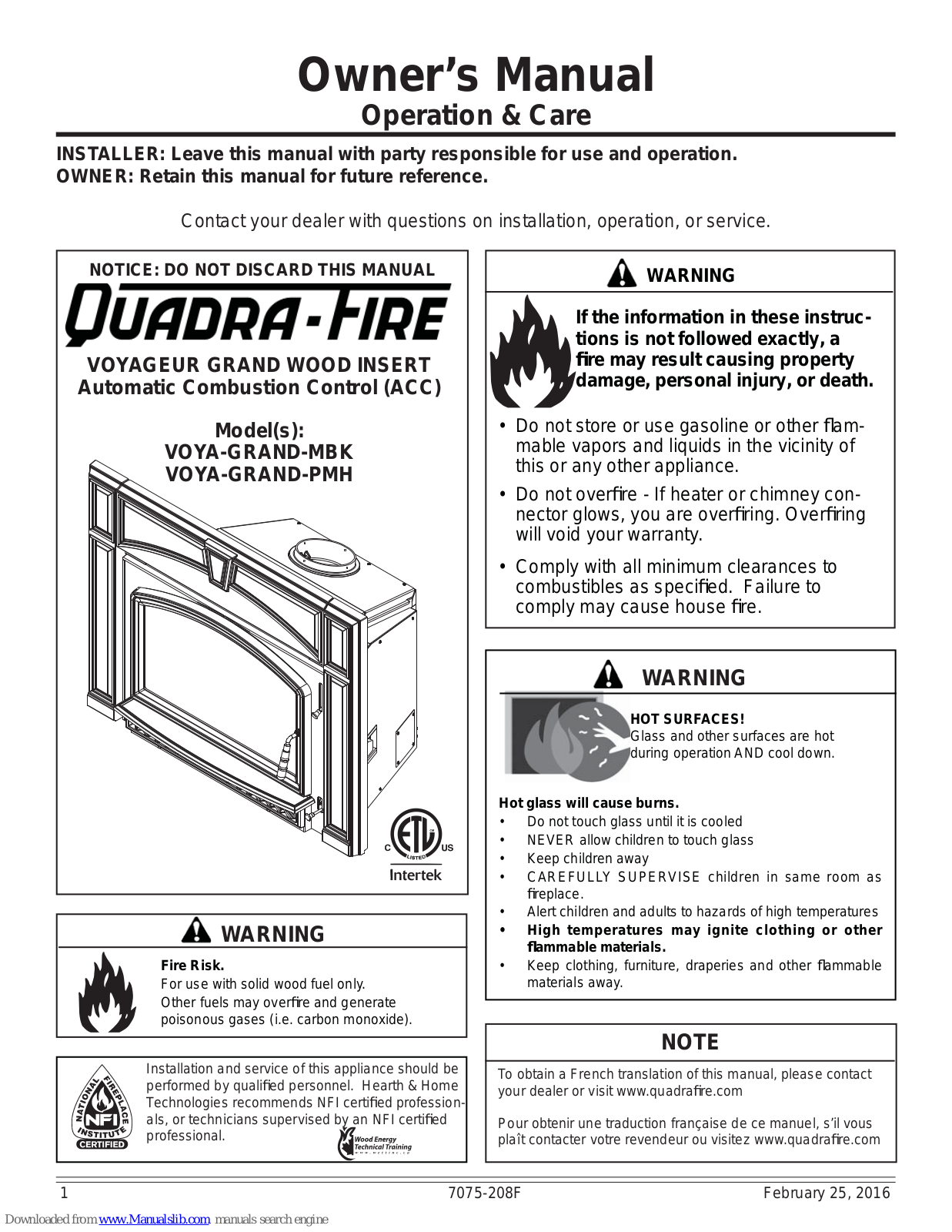 Quadra-Fire VOYAGEUR GRAND VOYA-GRAND-MBK, VOYAGEUR GRAND VOYA-GRAND-PMH Owner's Manual