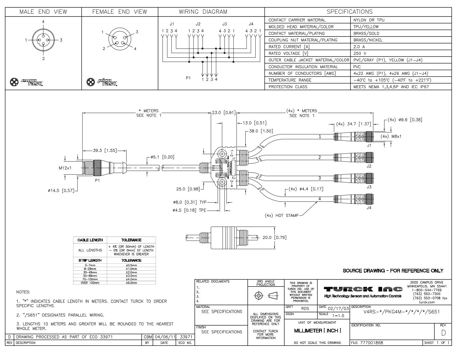 Turck V4RS-1/PKG4M-1/1/1/1/S651 Specification Sheet