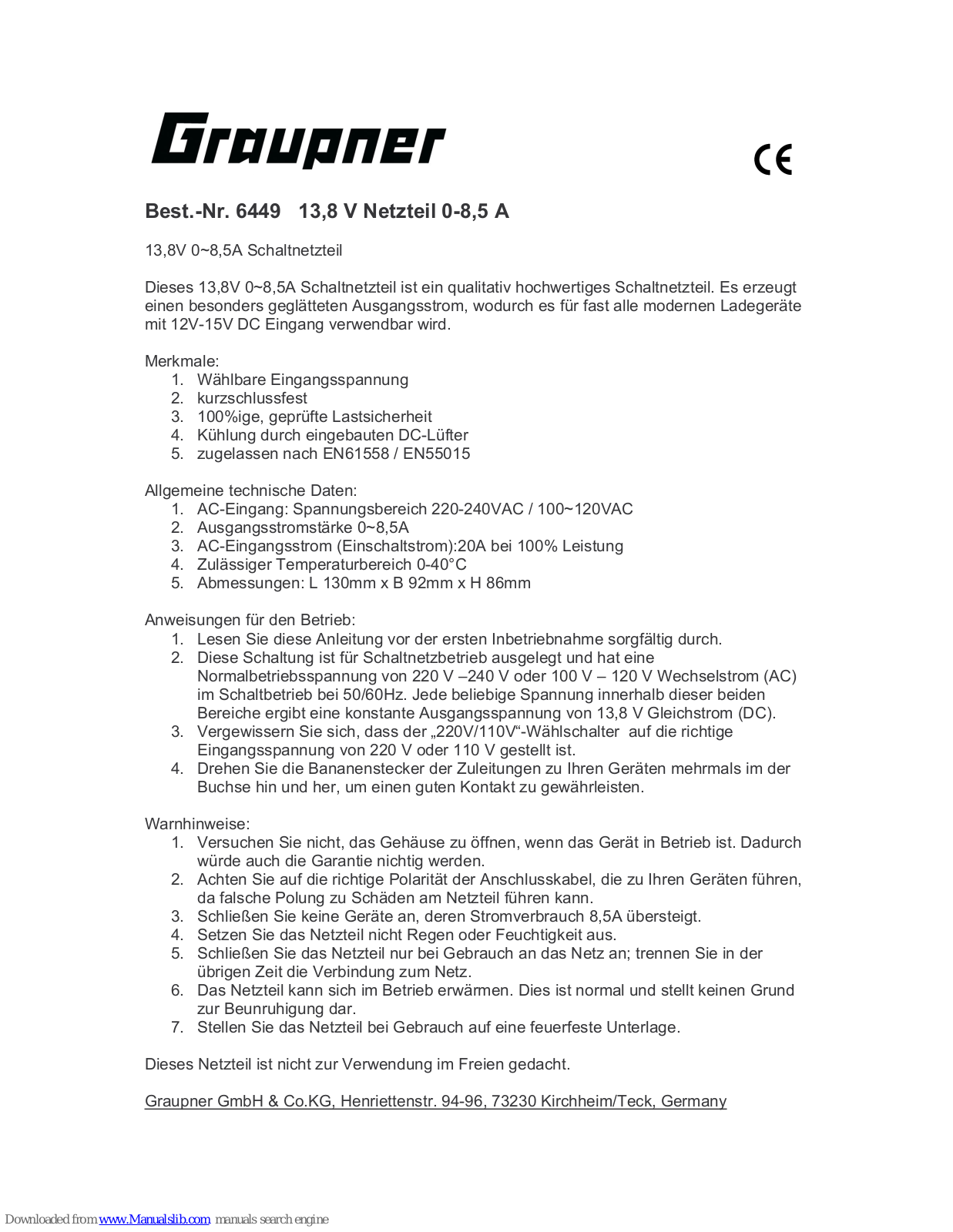 GRAUPNER POWER SUPPLY 13.8V 0-8.5A, 6449 User Manual