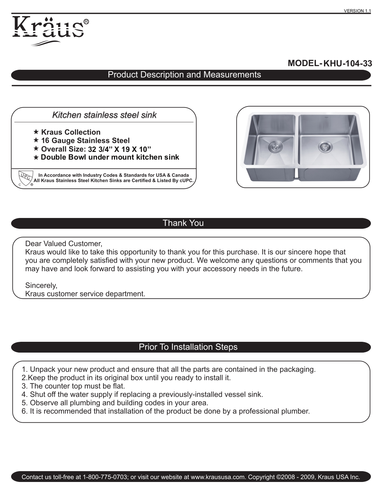 Kraus KHU10433 Installation Manual