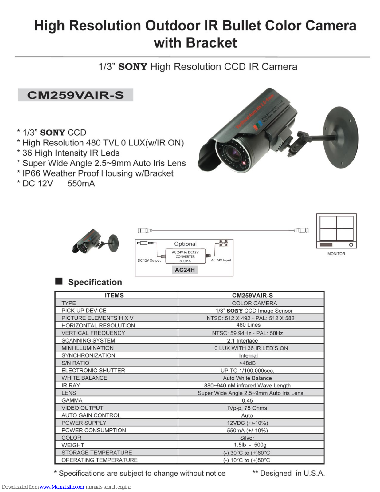 COP-USA CM259VAIR-S Specifications