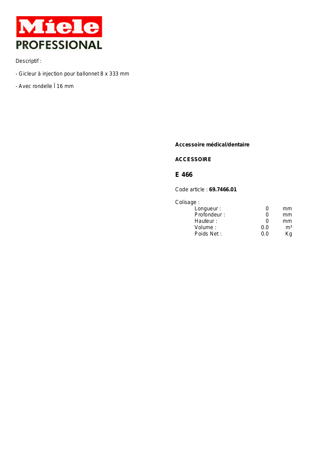 MIELE E 466 DESCRIPTIF User Manual