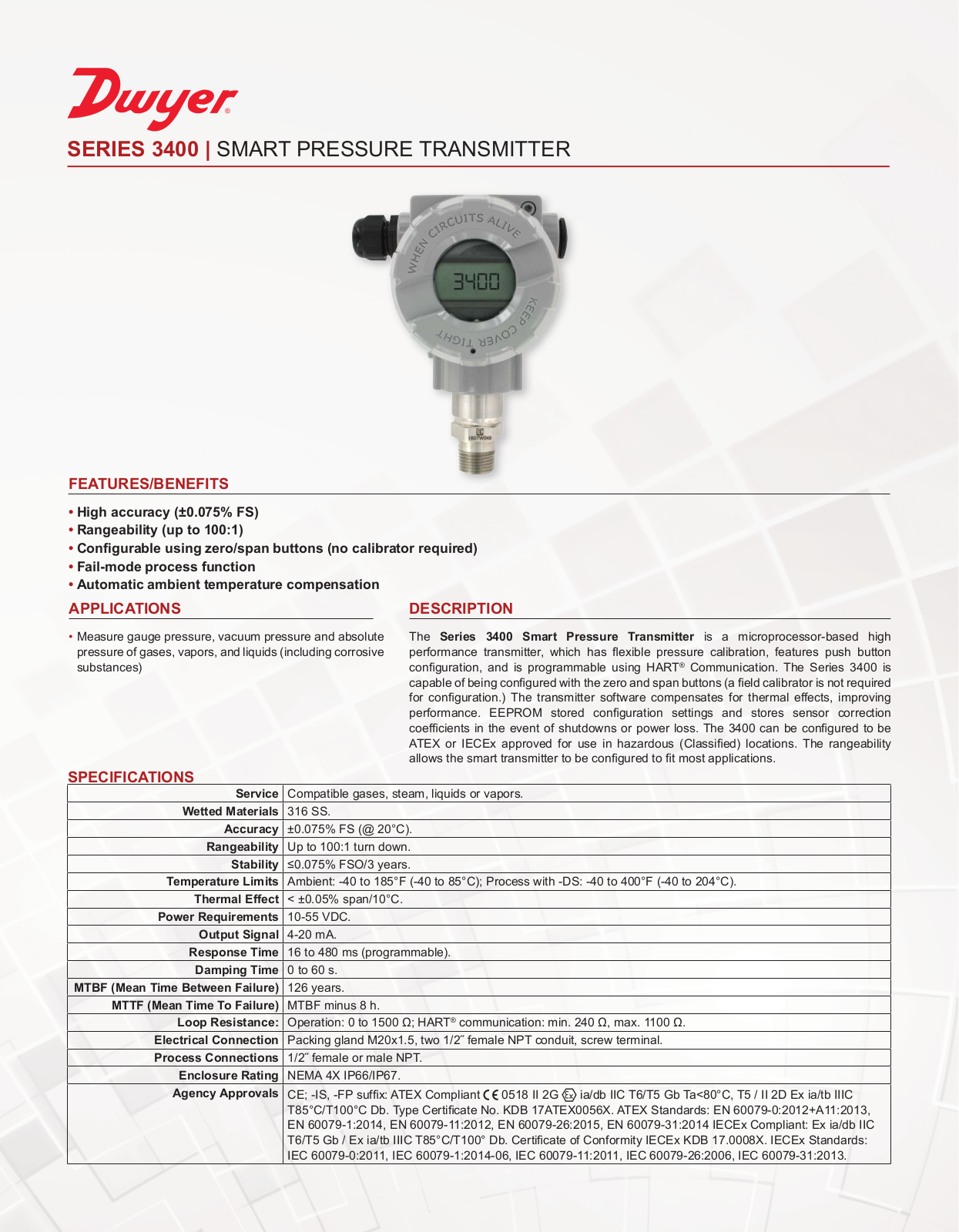 Dwyer Instruments SERIES 3400 Data Sheet