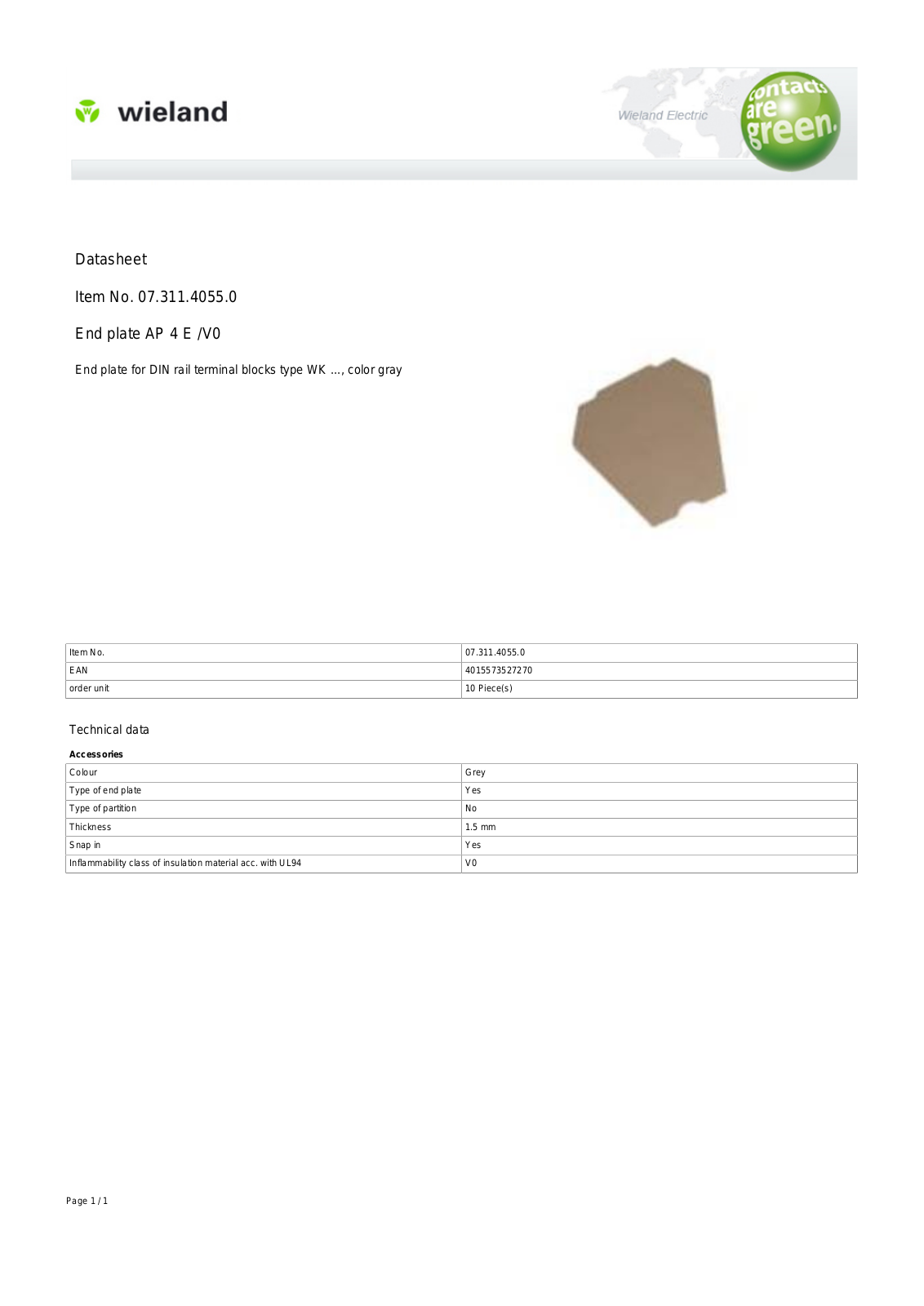 Wieland 07.311.4055.0 Data Sheet