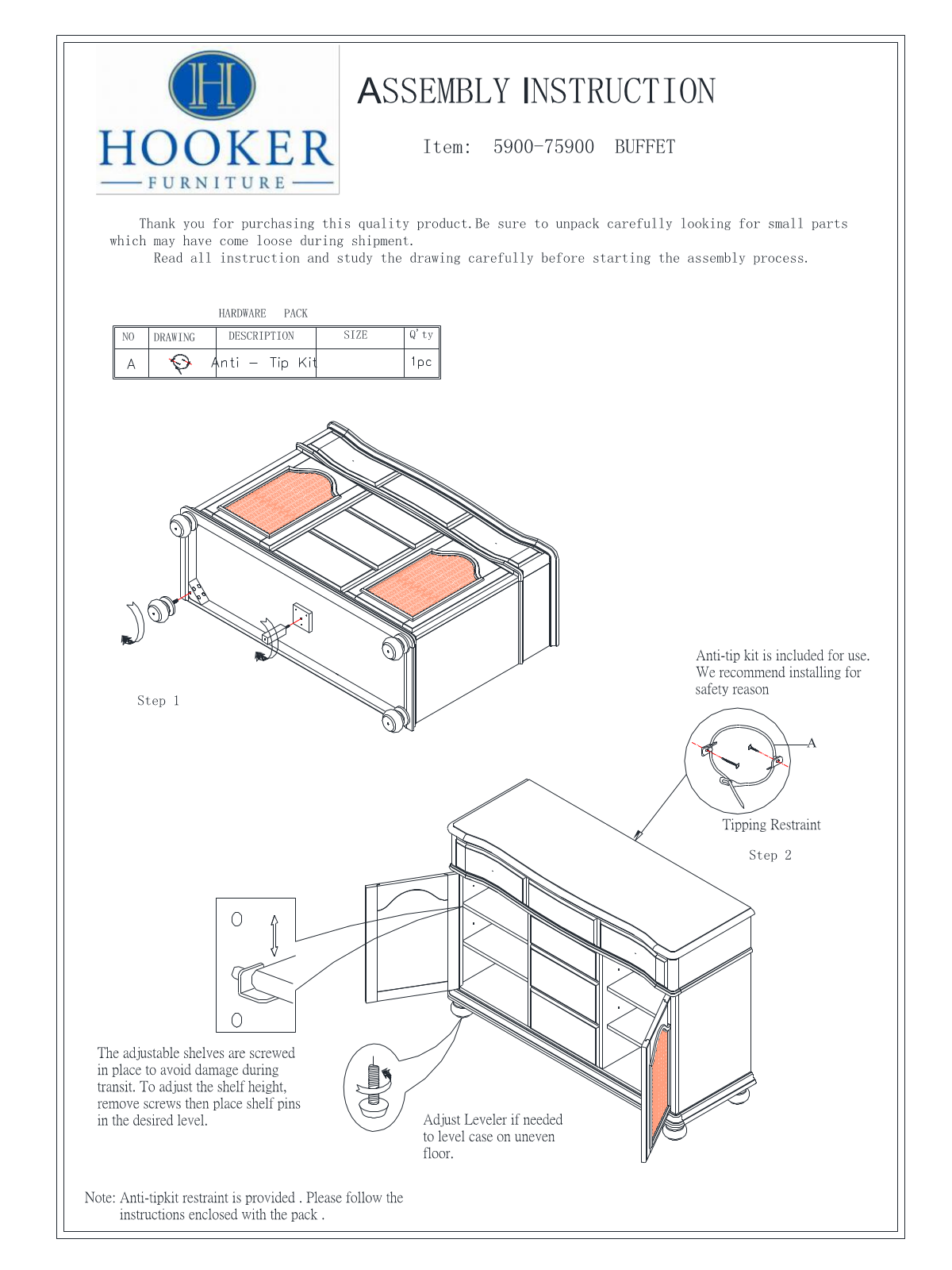 Hooker Furniture 590075900WH Assembly Guide