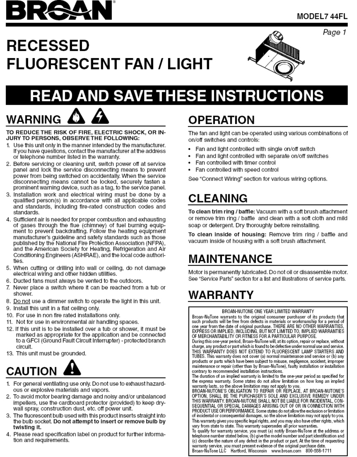 Broan 744 Fl Installation Guide