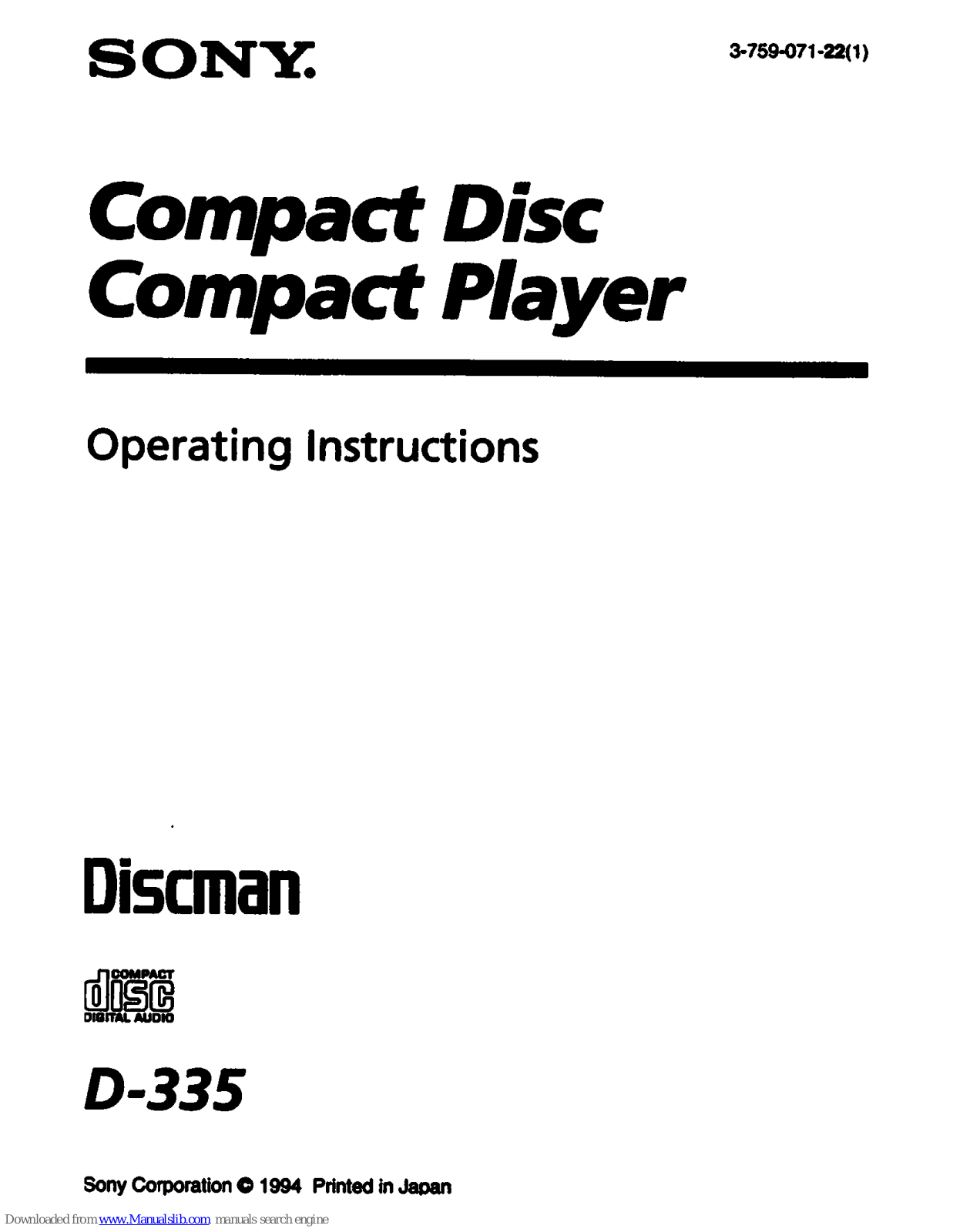 Sony Discman D-335 Operating Instructions Manual